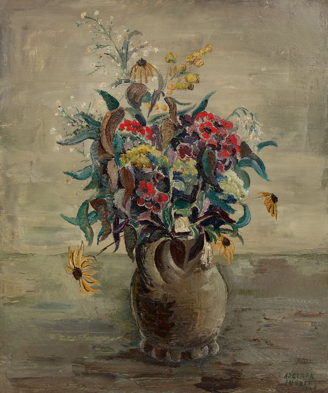 Lubbers A.  | Adriaan Lubbers | Paintings offered for sale | Flower still life in earthenware vase, oil on canvas 60.0 x 50.3 cm, signed l.r. and dated 1946