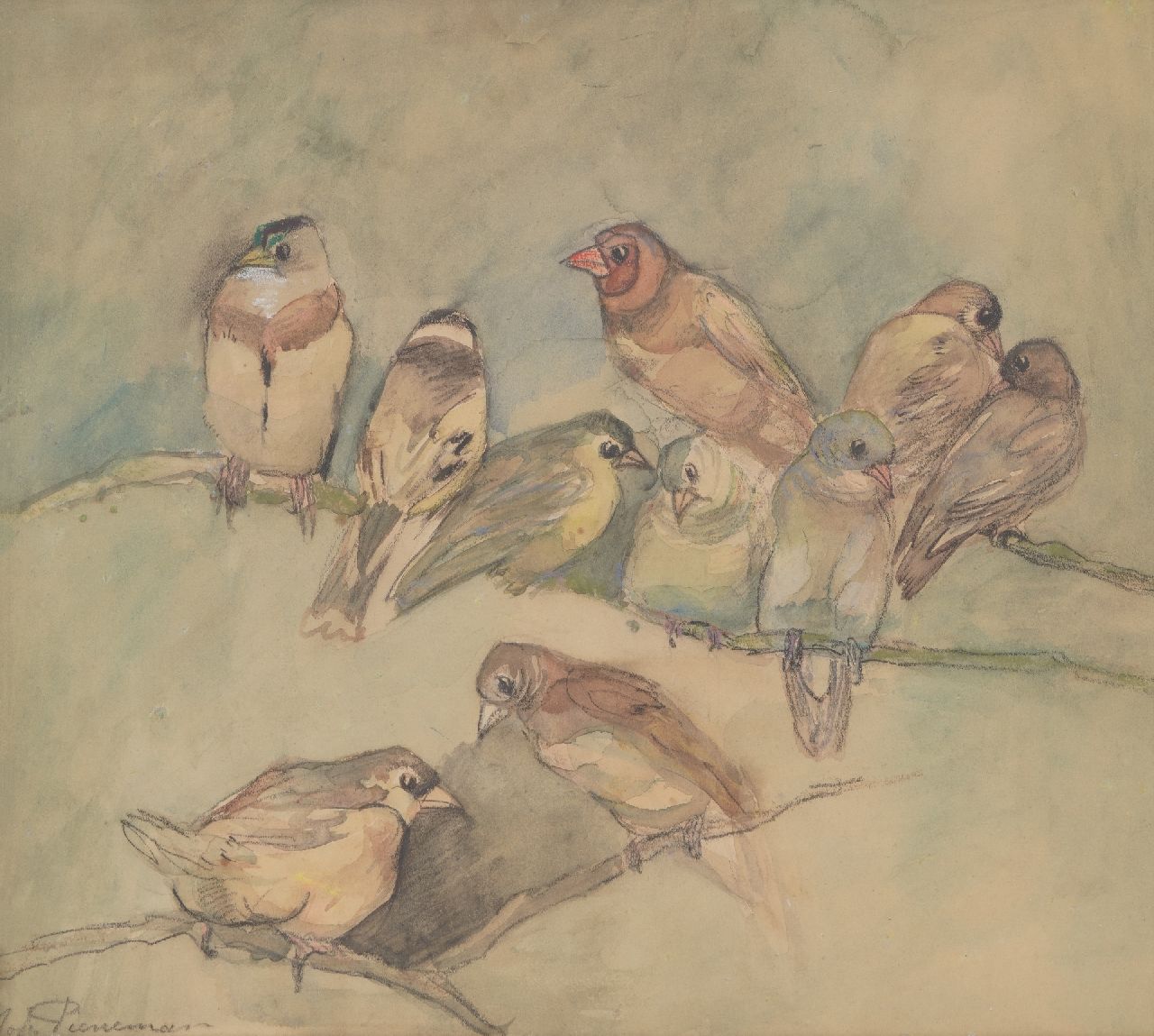Pieneman J.H.  | 'Johanna' Hendrika Pieneman | Watercolours and drawings offered for sale | Finches, black chalk and watercolour on paper 30.3 x 33.5 cm, signed l.l.