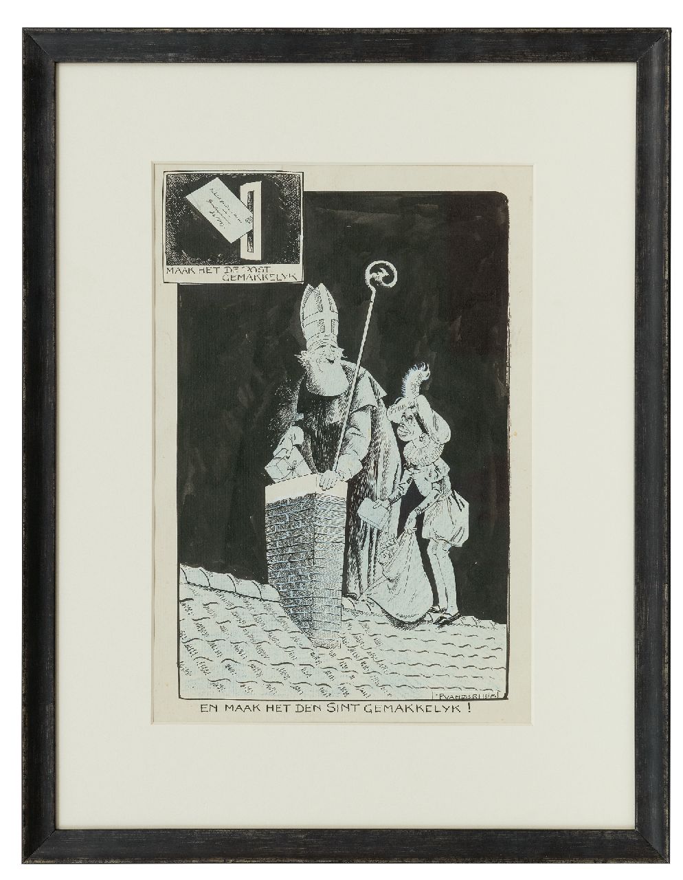 Hem P. van der | Pieter 'Piet' van der Hem | Watercolours and drawings offered for sale | St Nicholas' Eve, Indian ink and chalk on paper 38.5 x 24.8 cm, signed l.r.