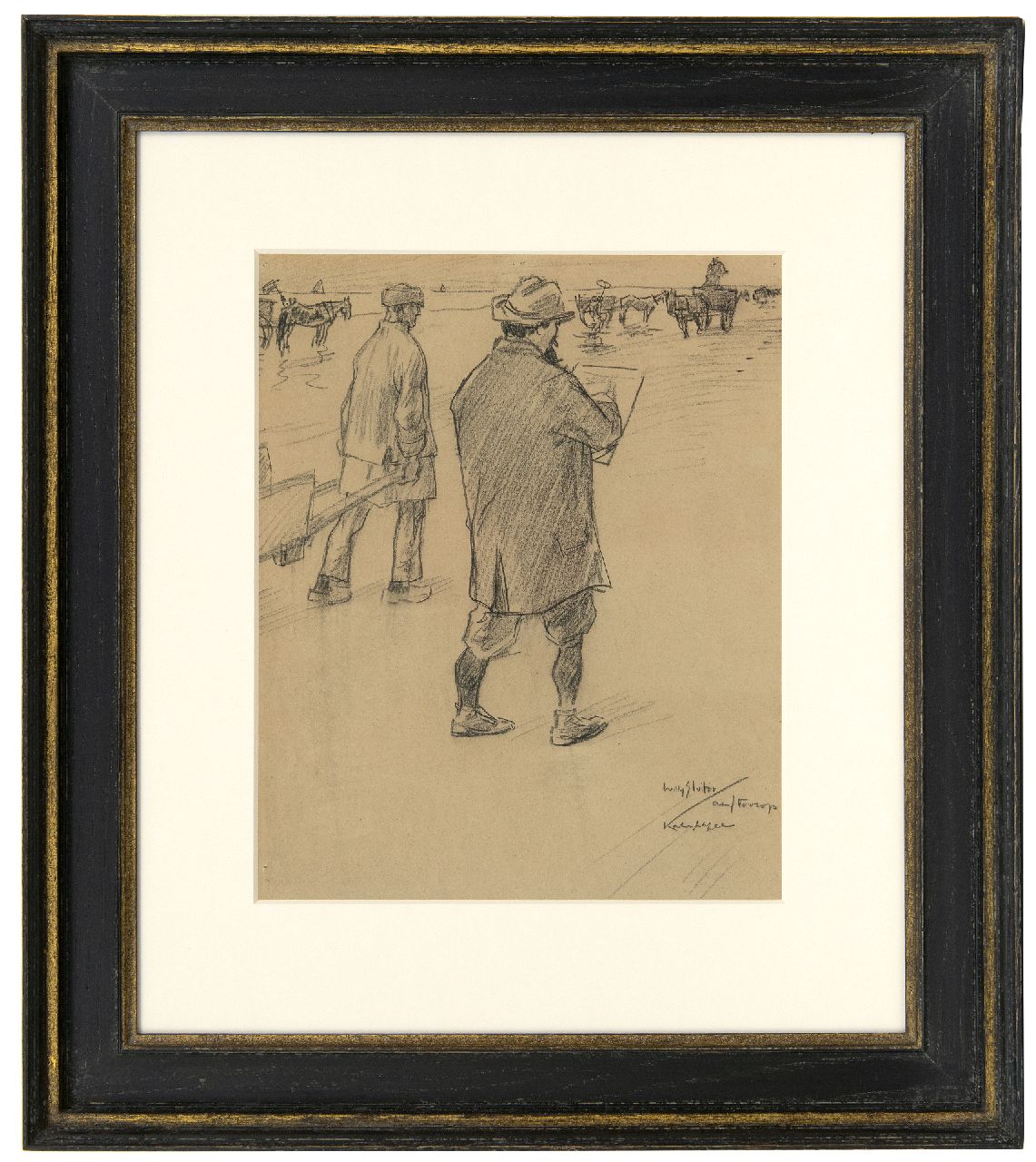 Sluiter J.W.  | Jan Willem 'Willy' Sluiter | Watercolours and drawings offered for sale | Jan Toorop sketching on the beach of Katwijk aan Zee, black chalk on paper 32.6 x 27.0 cm, signed l.r. and executed ca. 1898