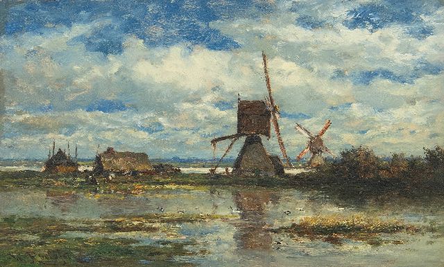 Roelofs W.  | Two windmills in the Stolwijk polder (near Gouda), oil on panel 14.8 x 24.0 cm, signed l.l. and painted ca. 1872-1875