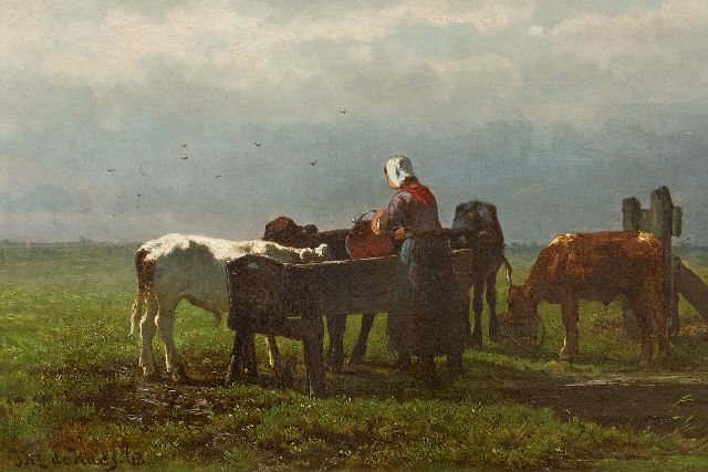 Haas J.H.L. de | Feeding the calves, oil on panel 22.7 x 33.0 cm, signed l.l. and dated '63