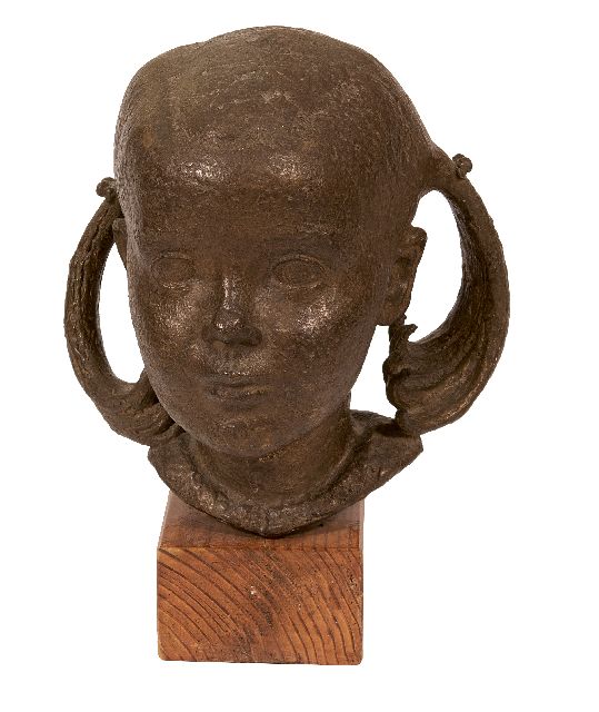Starreveld P.  | Head of a young girl, bronze 27.2 x 19.5 cm, signed with monogram on connecting pin