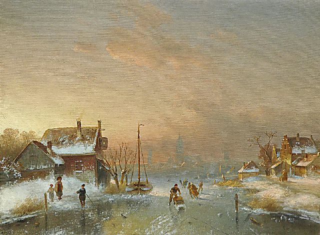 Leickert C.H.J.  | Skaters on a frozen river, oil on canvas 40.7 x 54.3 cm, signed l.r. indistinctly signed