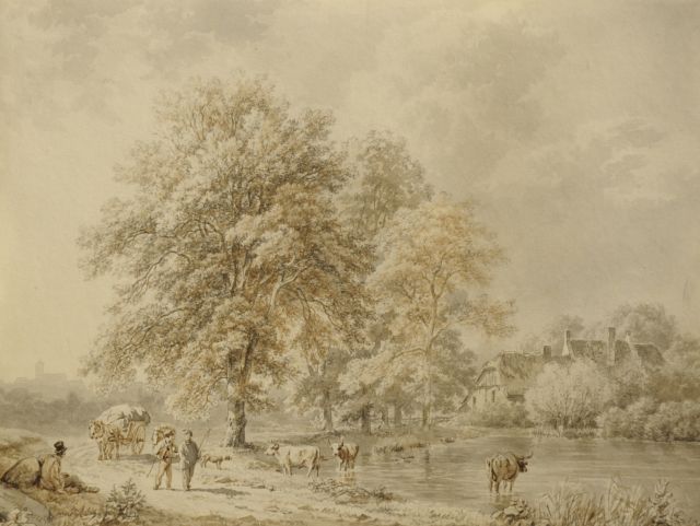 Koekkoek B.C.  | Travellers and cattle on a wooded path along a brook, washed pen on paper 16.4 x 22.0 cm, signed l.l. and painted 1837
