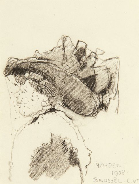 Cornelis Vreedenburgh | The latest hat fashion in Brussels, 1908, black chalk on paper, 13.2 x 10.2 cm, signed l.r. with initials and dated 1908