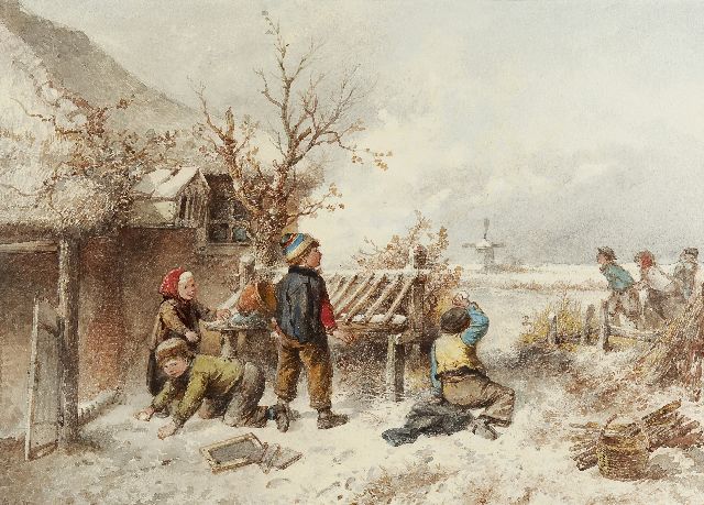 Mari ten Kate | The snowball fight and skaters, watercolour on paper, 37.0 x 52.0 cm, signed l.l.