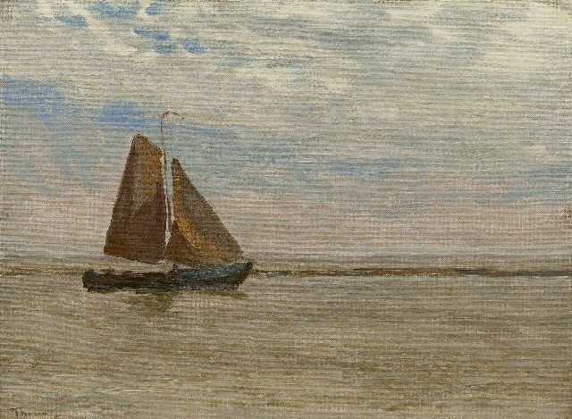 Tholen W.B.  | Fishing boat at sea,probably 'Krabbersgat', near Enkhuizen, oil on canvas laid down on panel 25.4 x 34.6 cm, signed l.l.