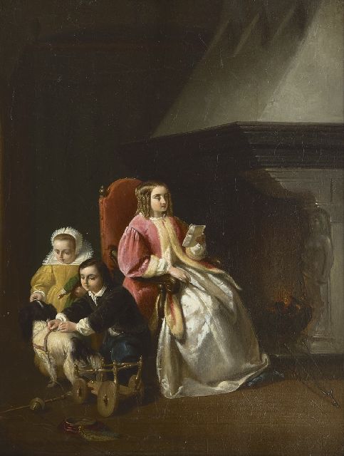 Vaarberg J.C.  | A mother with her children by a fire place, oil on panel 29.5 x 22.6 cm, signed l.l. and dated '60