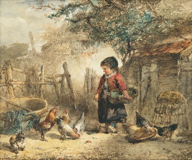 Mari ten Kate | Feeding the chickens, watercolour on paper, 21.1 x 25.4 cm, signed l.l.