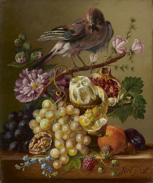 Onbekend | A still life with fruit and a bird on a branch, oil on panel, 21.5 x 18.0 cm, signed l.r.  'H R geb. S'