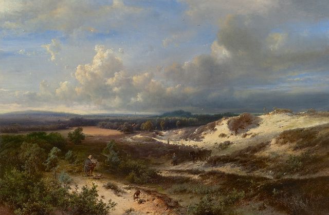 Pieter Kluyver | Painter paints in the dunes near the sea (all animals and figure are by Cornelis Springer), oil on canvas, 56.5 x 84.5 cm, signed l.l. 'Kluyver' and l.r. 'C. Springer fig'