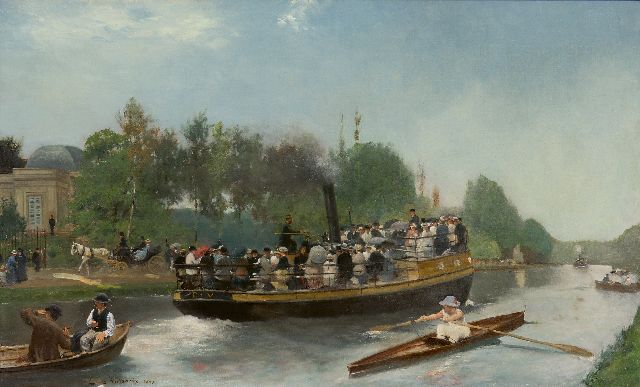 Hoeterickx E.  | Boating between Laeken and park Trois Fontaines in Vilvoorde, Belgium, oil on canvas 52.5 x 85.0 cm, signed l.l. and dated 1883
