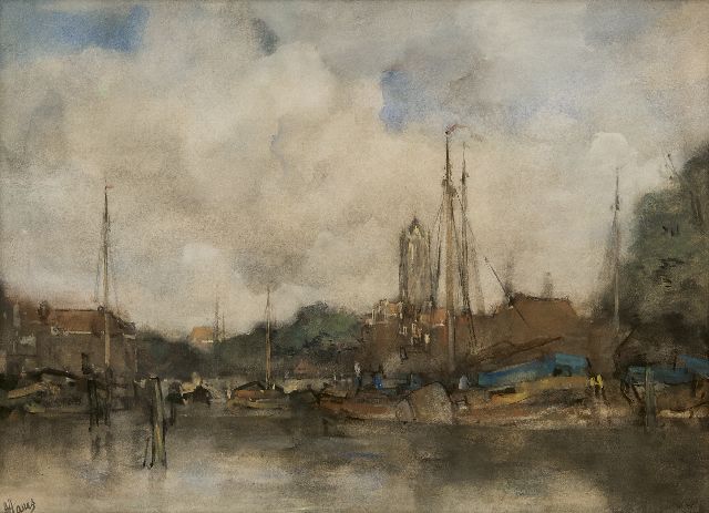 Maris J.H.  | A view of the inner harbour of  Utrecht and the Dom tower, watercolour on paper 42.0 x 57.4 cm, signed l.l.