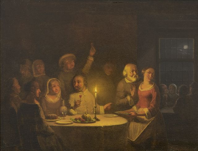 Pieter Gerardus Sjamaar | A merry company by candlelight, oil on panel, 21.9 x 28.4 cm, signed l.r.
