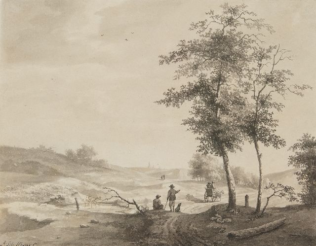 Schelfhout A.  | Travellers in a hilly landscape, pen, brush and ink on paper 26.6 x 33.7 cm, signed l.l.
