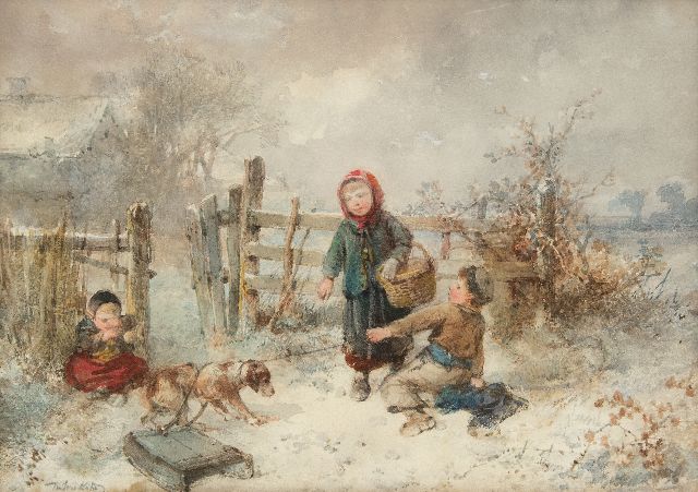 Mari ten Kate | Children playing in the snow, watercolour on paper, 25.7 x 35.9 cm, signed l.l.