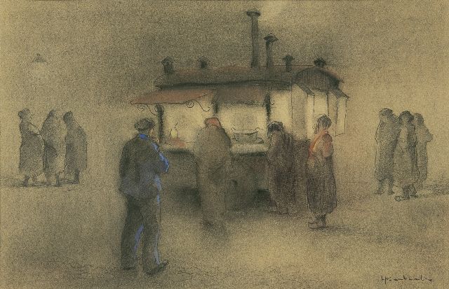 Korthals J.  | Buying french fries, pencil and chalk on paper 29.3 x 39.5 cm, signed l.r.