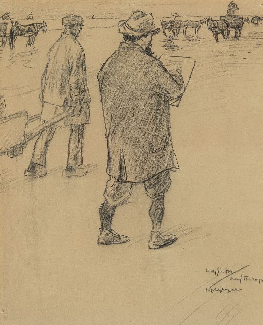 Sluiter J.W.  | Jan Toorop sketching on the beach of Katwijk aan Zee, black chalk on paper 32.6 x 27.0 cm, signed l.r. and executed ca. 1898