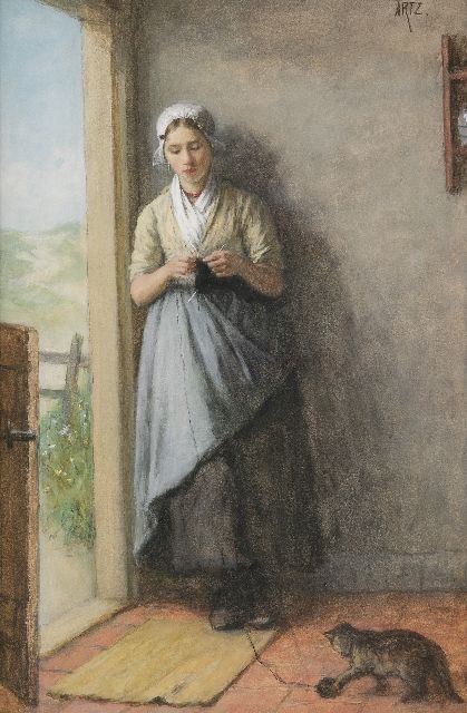Artz D.A.C.  | Girl knitting in the doorway, watercolour on paper 53.8 x 36.0 cm, signed u.r. and painted ca. 1881
