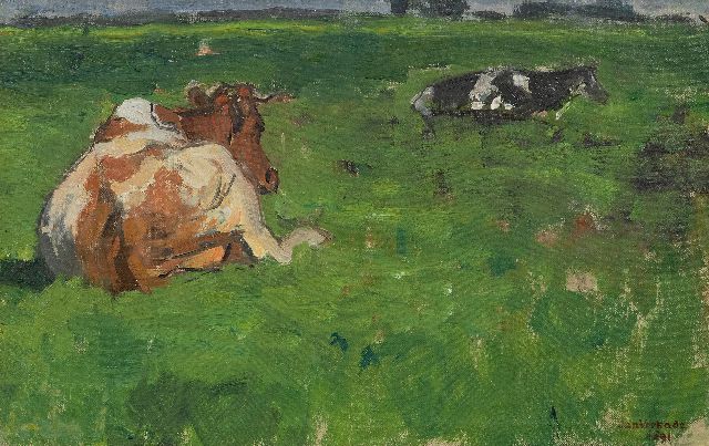 Verkade J.  | Cows resting in a meadow, oil on canvas 26.5 x 41.4 cm, signed l.r. and dated 1891