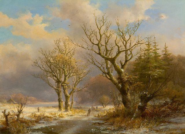 Klombeck J.B.  | A wooded winter landscape with skaters, oil on panel 38.7 x 53.6 cm, signed l.r.