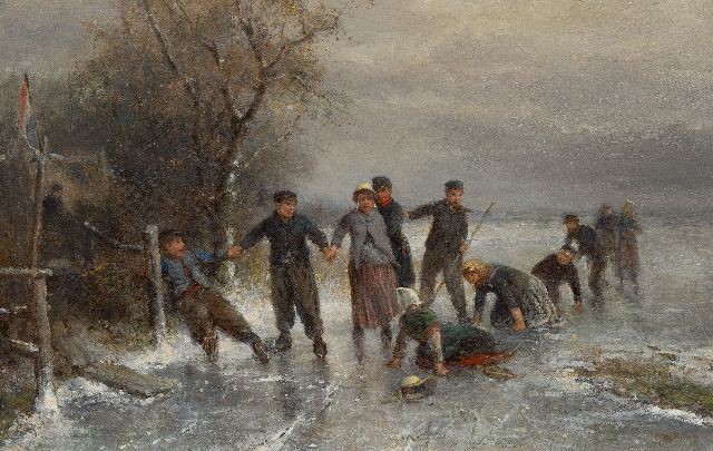 Mari ten Kate | A fall on the ice, oil on canvas, 41.0 x 63.9 cm, signed l.r.