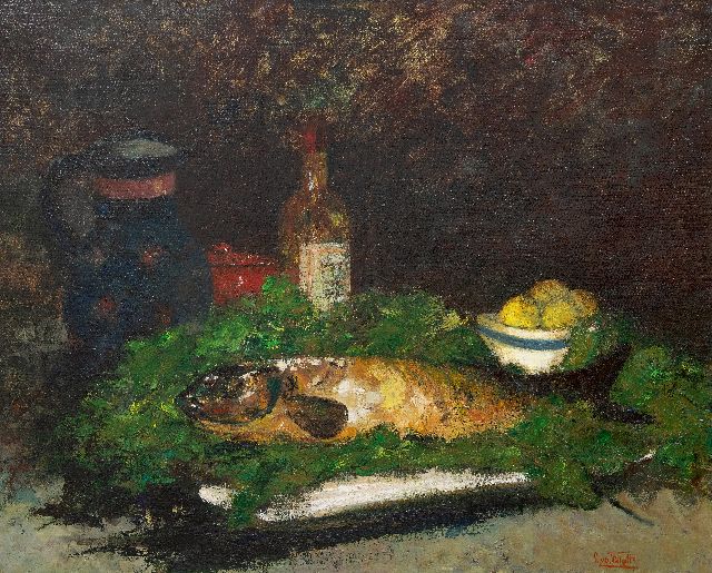 Windt Ch. van der | Still life with a fish, fruit and a wine bottle, oil on canvas 71.3 x 86.0 cm, signed l.r.