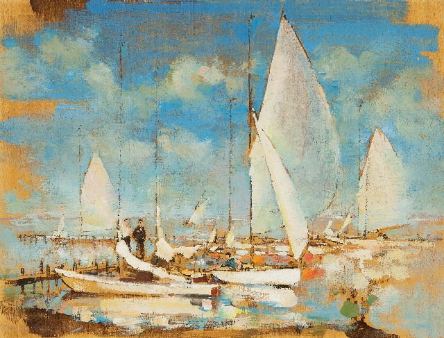 Dirk Kruizinga | Sailing boats at a jetty, oil on panel, 27.0 x 35.0 cm, signed l.l.