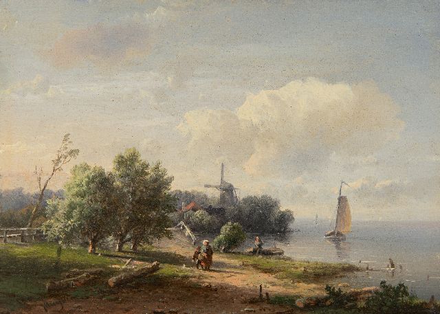 Kluyver P.L.F.  | Summer landscape with figures and mill along the water, oil on panel 13.2 x 18.5 cm, signed l.l.