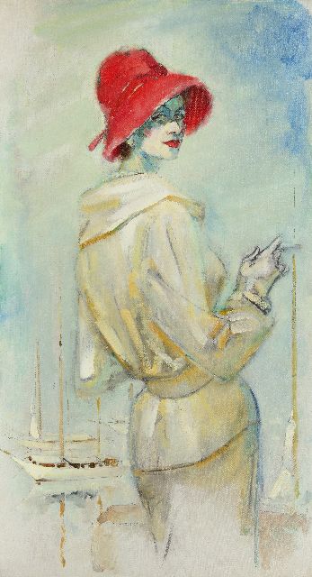 Kruizinga D.  | Fashionable woman with red hat, oil on canvas 109.8 x 60.3 cm