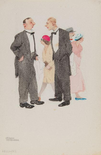 Moerkerk H.A.J.M.  | Waiters, pencil and watercolour on paper 25.5 x 16.9 cm, signed l.l.