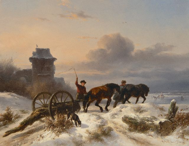 Verschuur W.  | Carters with mallejan in a winter landscape, oil on panel 27.2 x 35.0 cm, signed l.r. and dated 1849