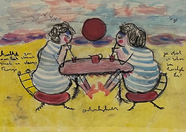 Anton Heyboer | Two women on the beach, crayon and watercolour on paper, 29.0 x 38.5 cm, signed l.c.