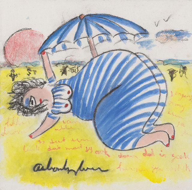 Heyboer A.  | Sunbathing under an umbrella, chalk and gouache on paper 28.0 x 28.0 cm, signed l.c.