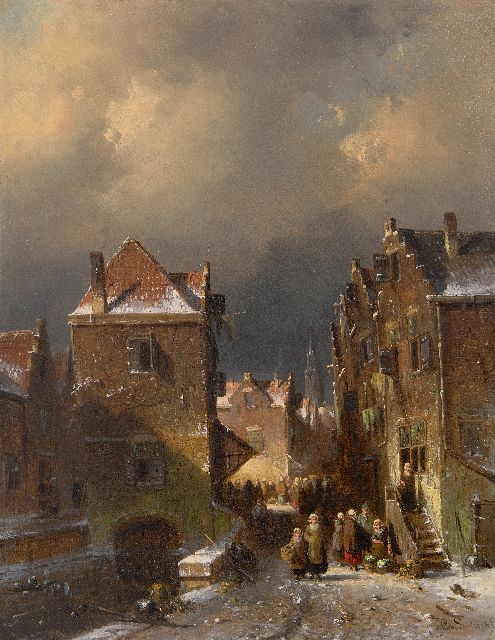 Leickert C.H.J.  | Crowded winter street, oil on panel 37.2 x 28.7 cm, signed l.r. and painted ca. 1855