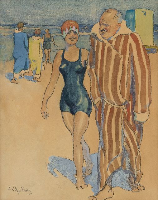 Willy Sluiter | After the dip in the sea, Scheveningen, chalk and watercolour on board, 47.0 x 37.0 cm, signed l.l.