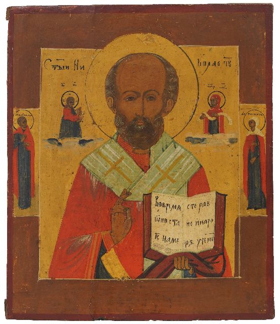 Ikoon   | Saint Nicholas with patron saints, wood 31.4 x 26.8 cm