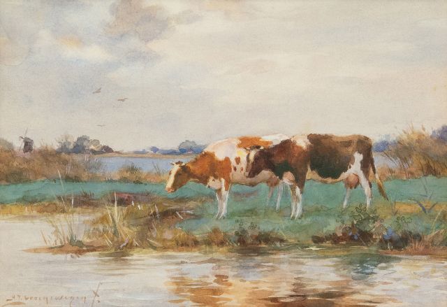 Groenewegen A.J.  | Drinking cattle, watercolour on paper 18.0 x 25.5 cm, signed l.l.